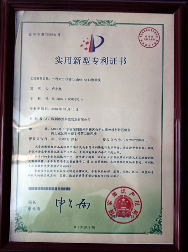一种USB口转Lightning口数据线